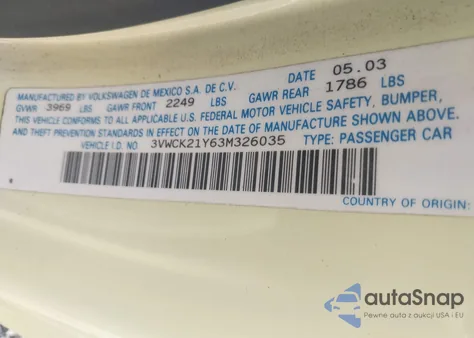 2003 Volkswagen New Beetle Gls z USA, uszkodzony, nr VIN 3VWCK21Y63M326035